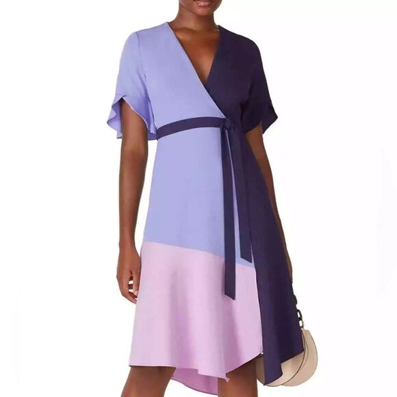 Hutch Small Colorblock Crepe Faux Wrap Midi Dress Blue Purple Flutter Sleeve - Picture 1 of 13